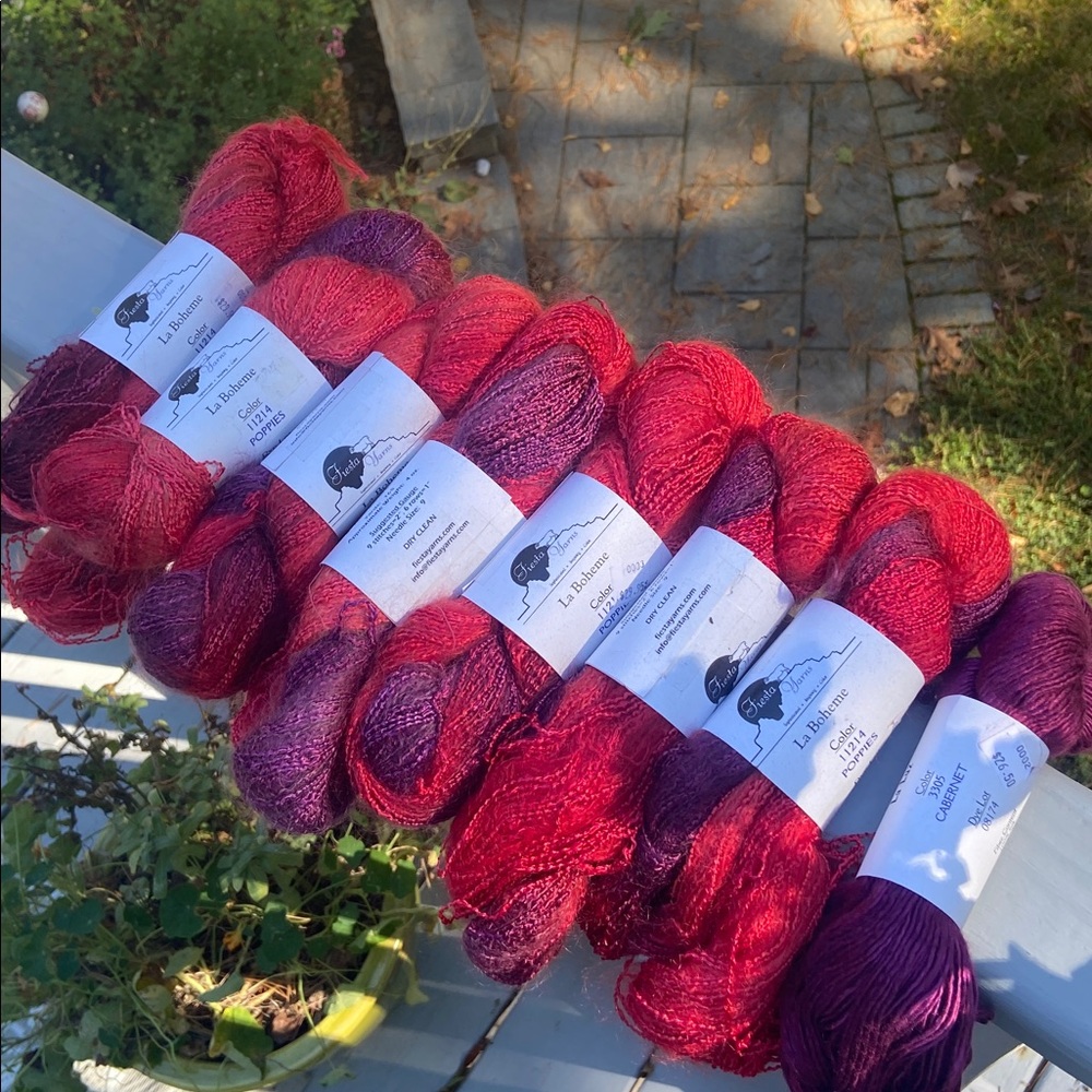 FIESTA YARNS Poppies colorway. 7 skeins for kit sweater (L)  + 1 silk skein